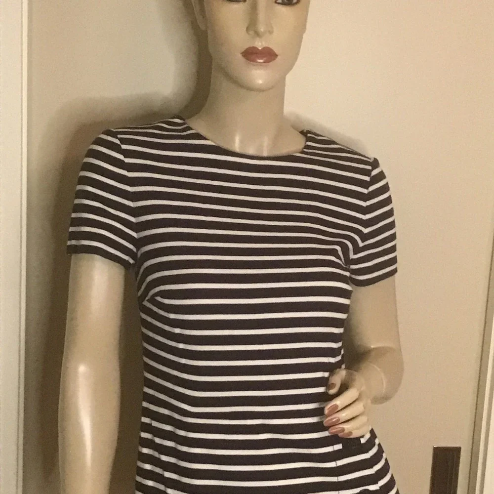 Tory‎ Burch Kamilla Navy White Striped Short Sleeve A-Line Dress Button Detail S